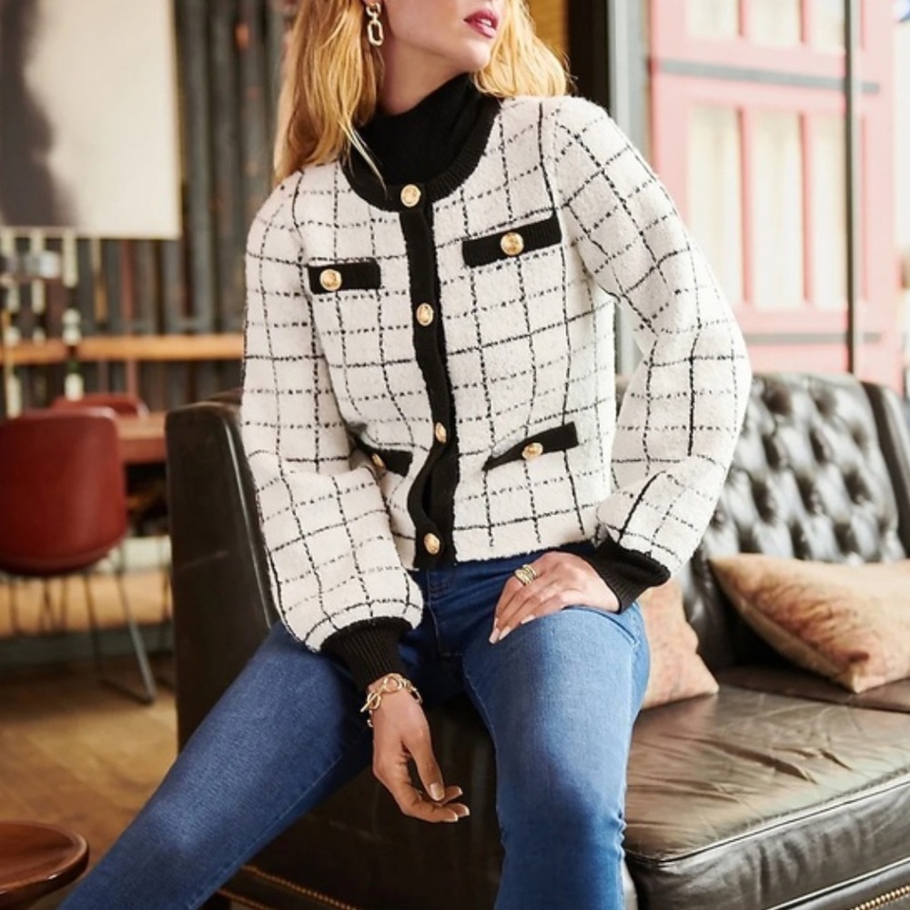 Marled Black and White Grid Pattern Blazer - Picture 2 of 15
